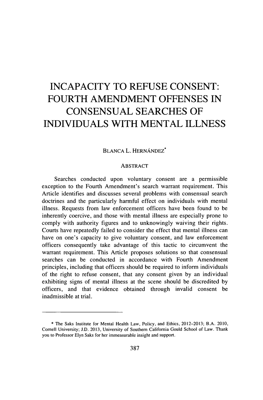 Incapacity to Refuse Consent: Fourth Amendment Offenses in Consensual Searches of Individuals with Mental Illness