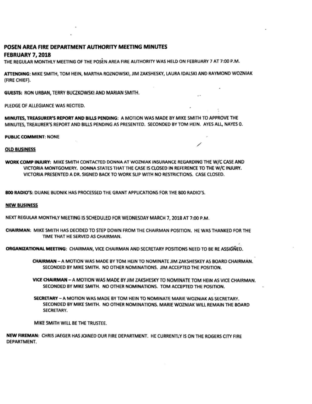 Posen Area Fire Department Authority Meeting Minutes February 7, 2018 the Regular Monthly Meeting of the Posen Area Fire Authority Was Held on February 7 at 7:00 P.M