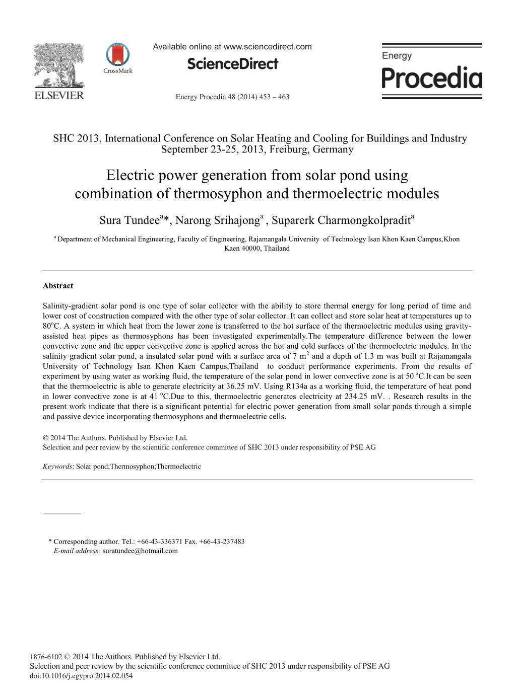 Electric Power Generation from Solar Pond Using Combination of Thermosyphon and Thermoelectric Modules