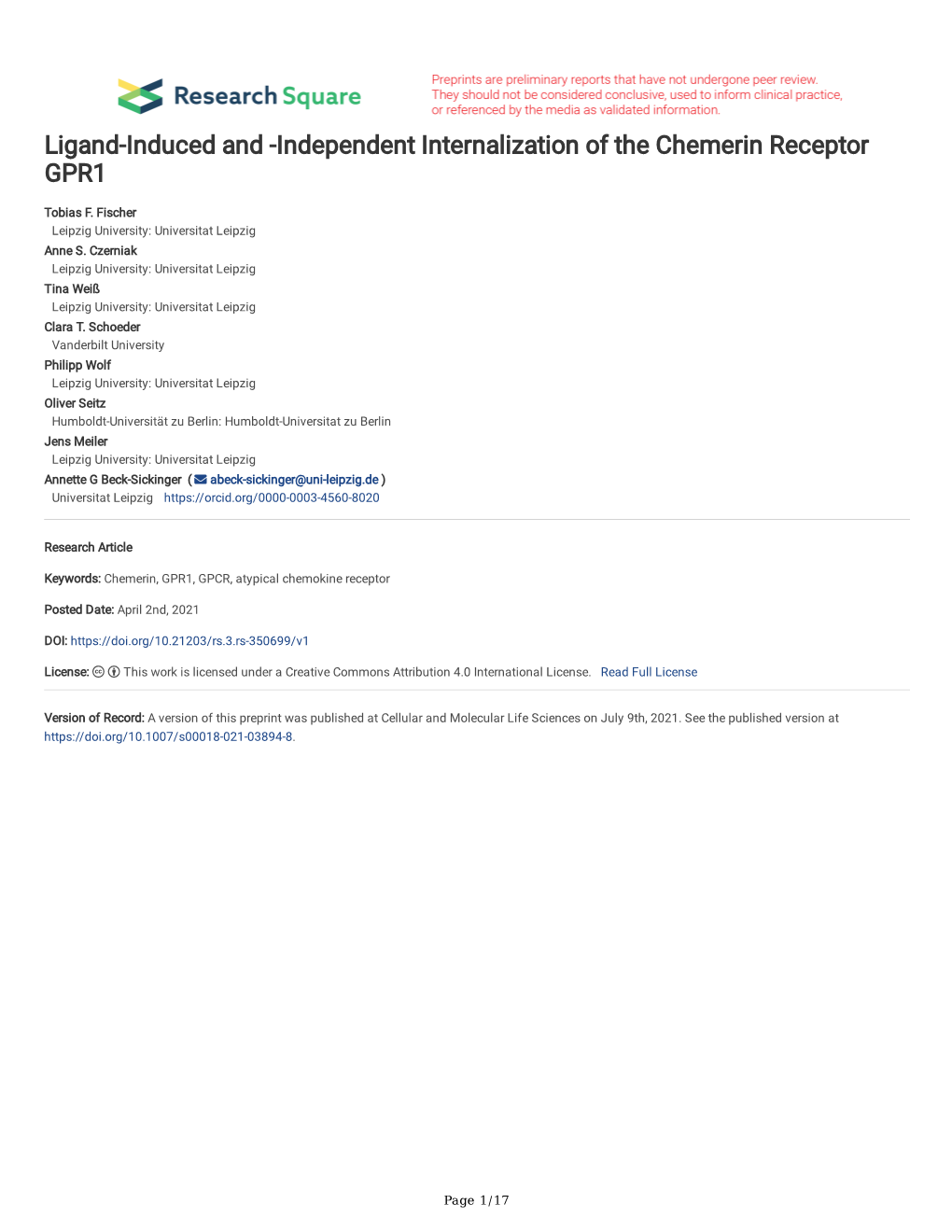 Independent Internalization of the Chemerin Receptor GPR1