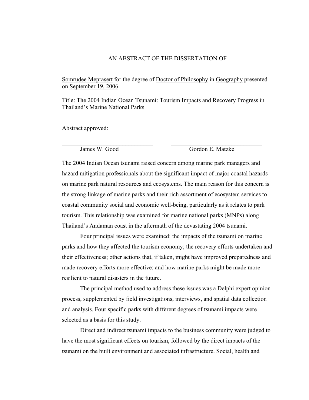 An Abstract of the Dissertation Of