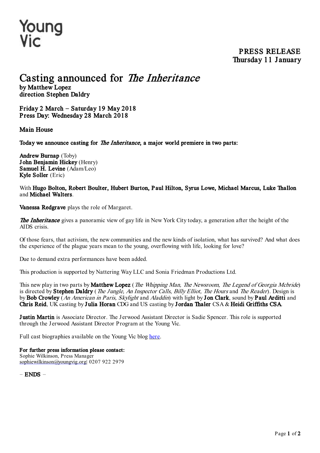 Casting Announced for the Inheritance by Matthew Lopez Direction Stephen Daldry