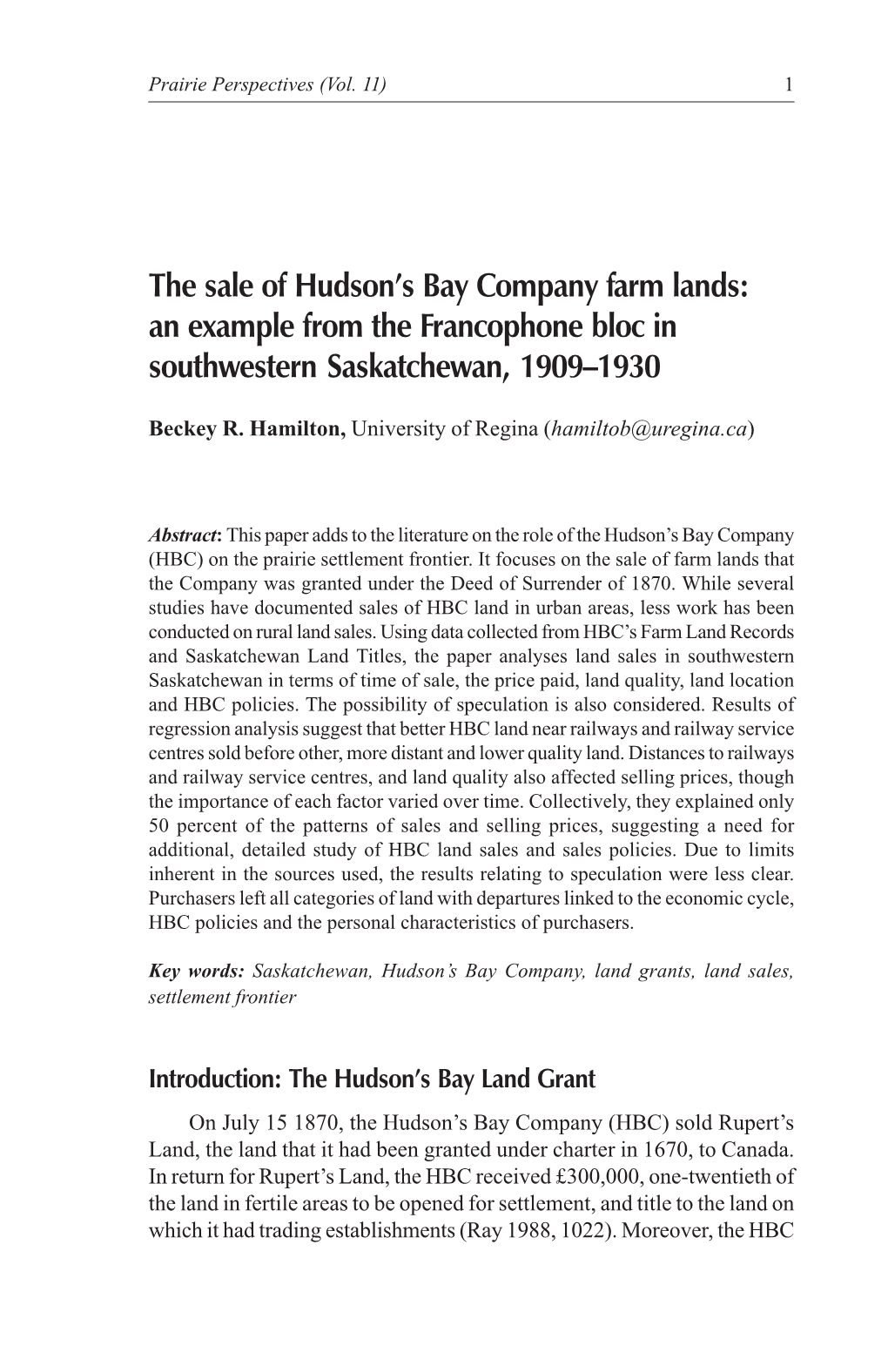 The Sale of Hudson's Bay Company Farm Lands