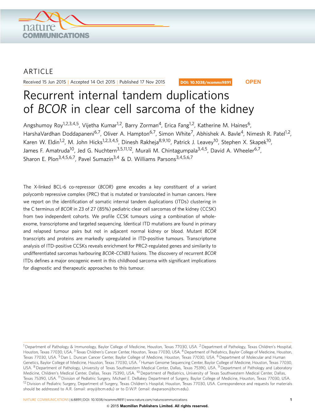 Recurrent Internal Tandem Duplications of BCOR in Clear Cell Sarcoma of the Kidney