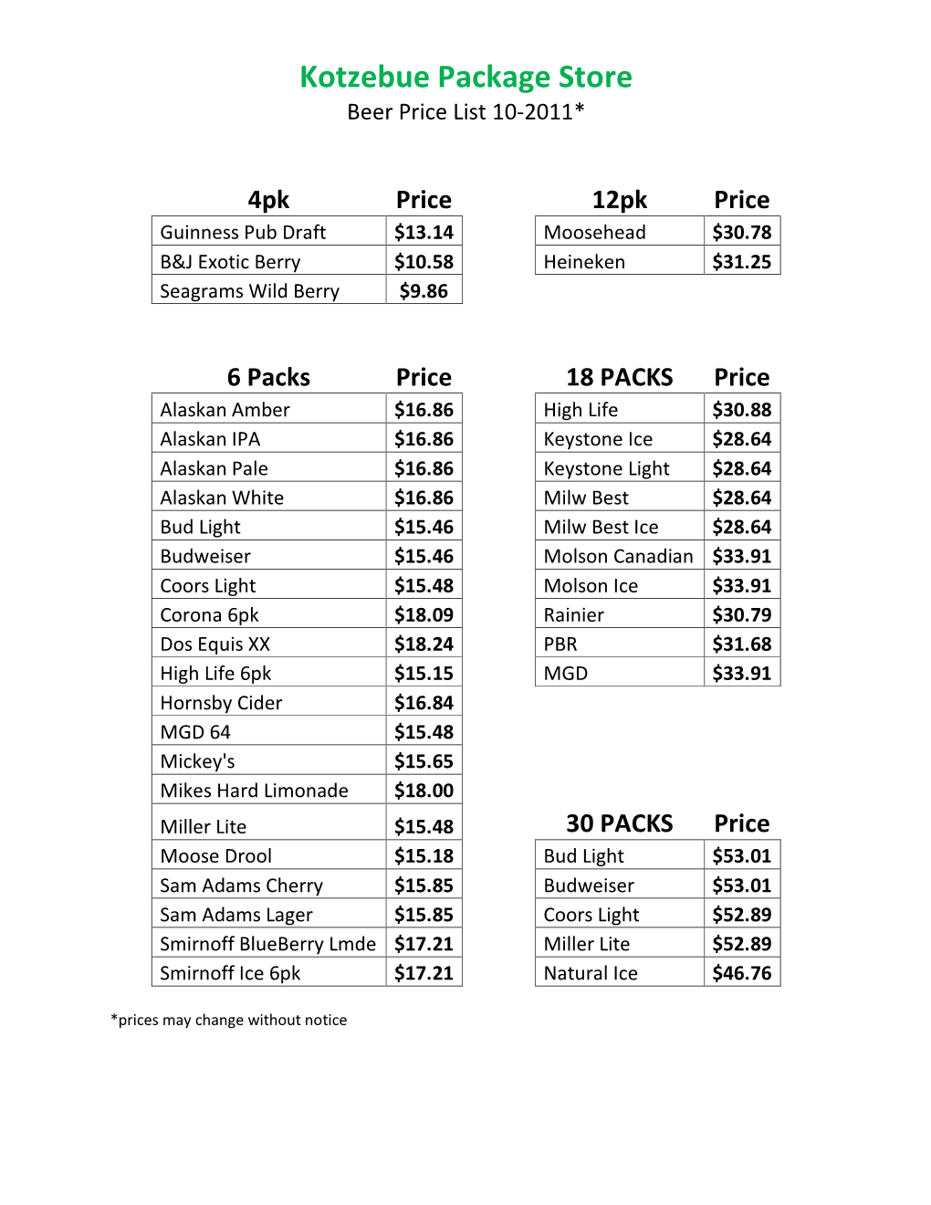 Kotzebue Package Store Beer Price List 10-2011*