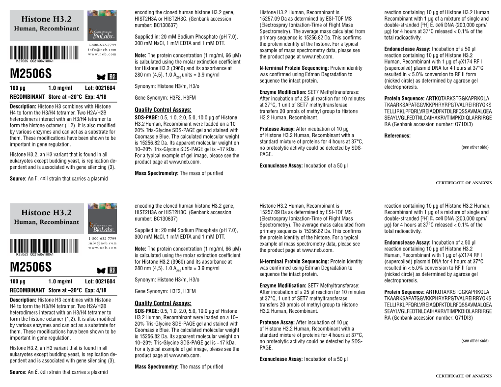 Datasheet for Histone H3.2 Human, Recombinant (M2506; Lot 0021604)