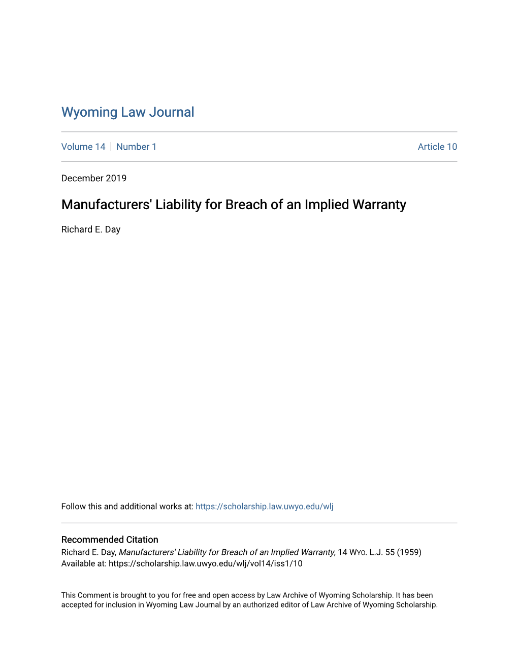 Manufacturers' Liability for Breach of an Implied Warranty