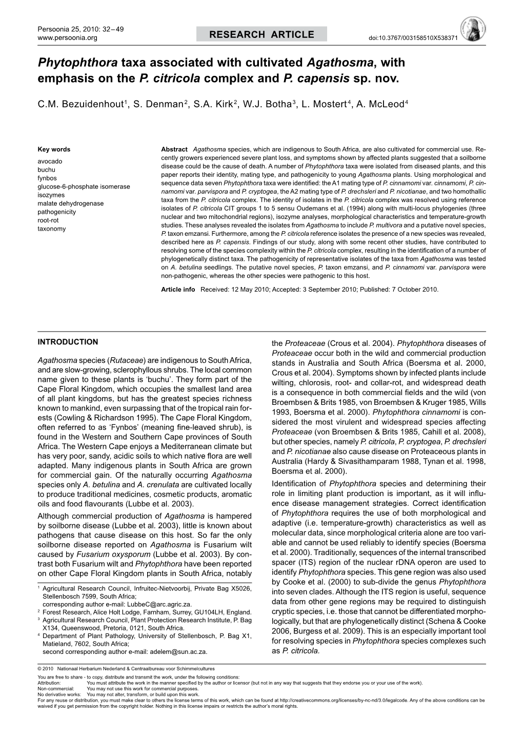 Phytophthora Taxa Associated with Cultivated Agathosma, with Emphasis on the P. Citricola Complex and P. Capensis Sp. Nov