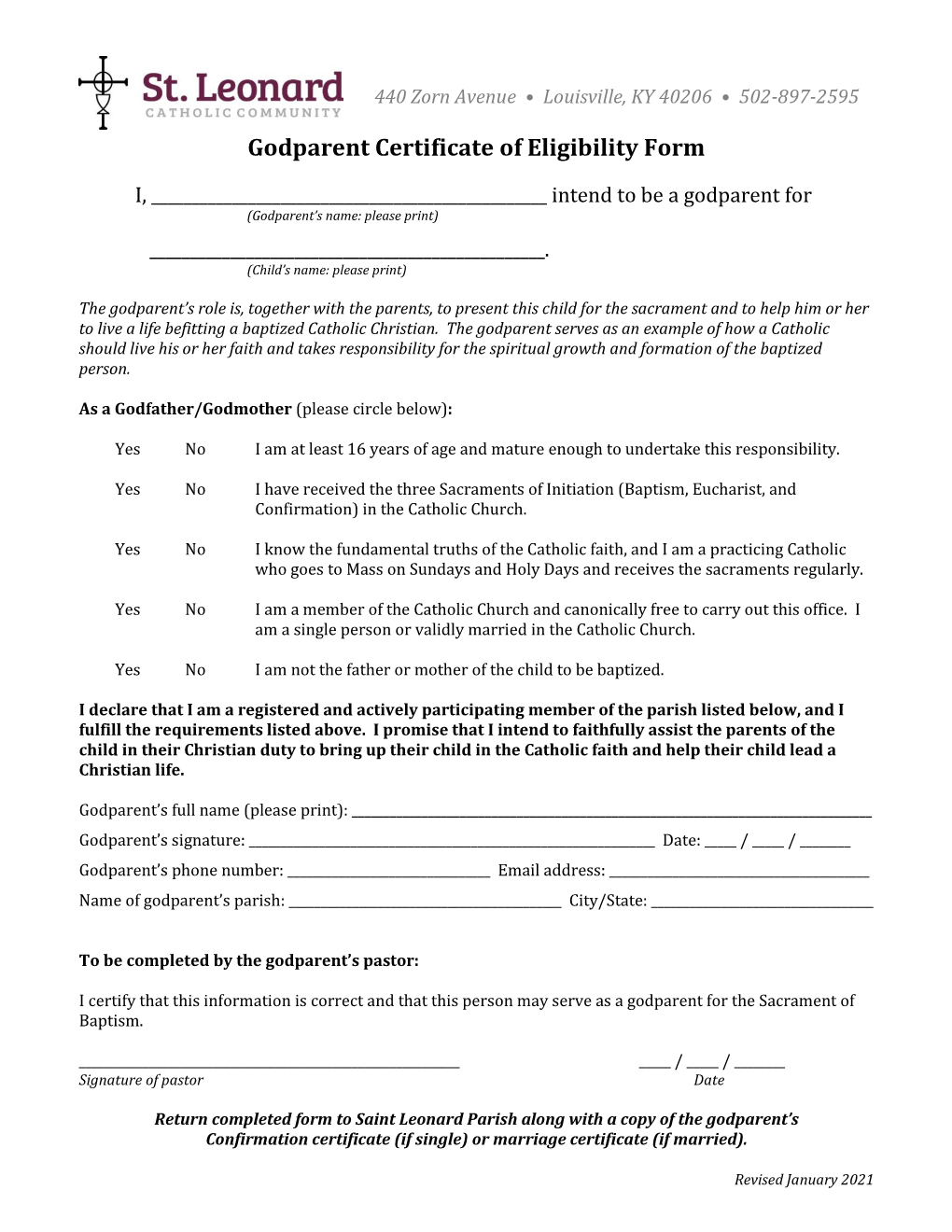 Godparent Certificate of Eligibility Form