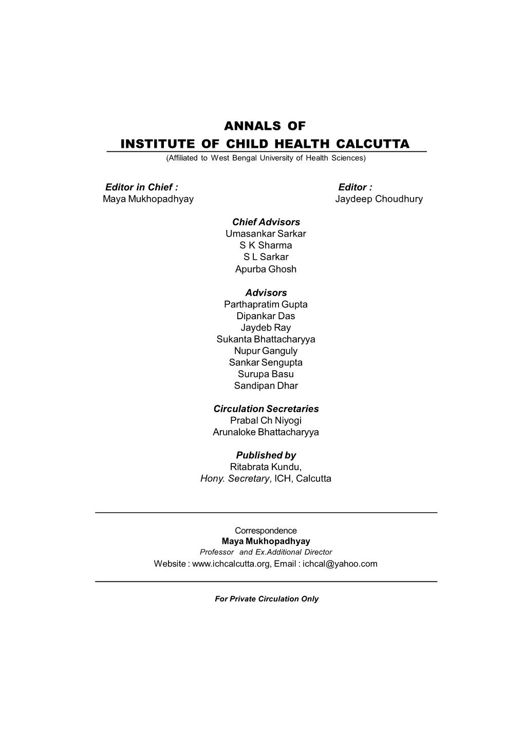 ANNALS of INSTITUTE of CHILD HEALTH CALCUTTA (Affiliated to West Bengal University of Health Sciences)