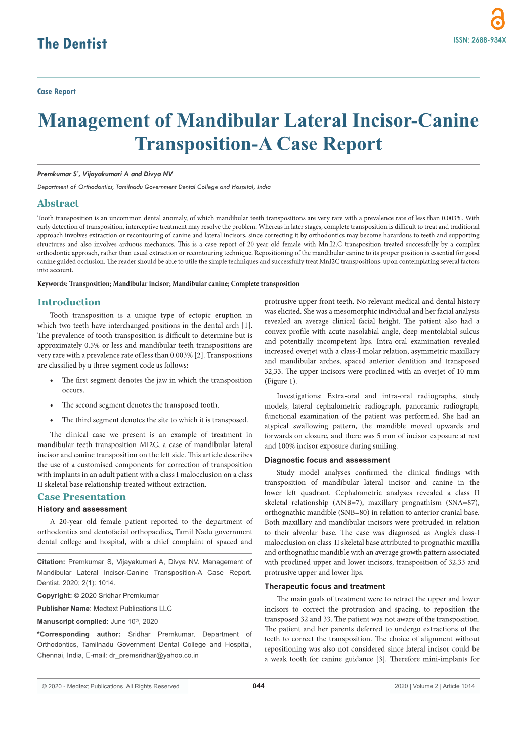 Management of Mandibular Lateral Incisor-Canine Transposition-A Case Report