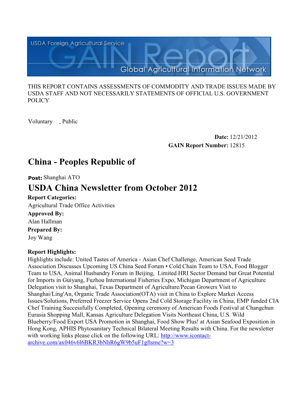 USDA China Newsletter from October 2012 China