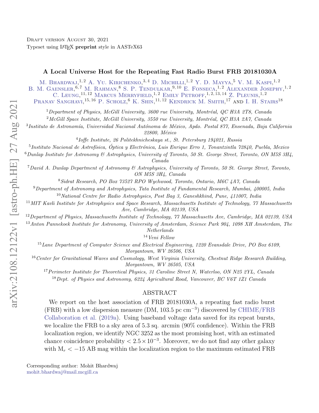 Arxiv:2108.12122V1 [Astro-Ph.HE] 27 Aug 2021 (FRB) with a Low Dispersion Measure (DM, 103.5 Pc Cm−3) Discovered by CHIME/FRB Collaboration Et Al.(2019A)