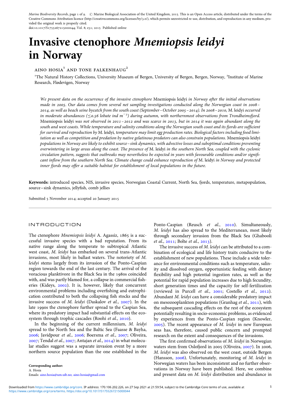 Invasive Ctenophore Mnemiopsis Leidyi in Norway