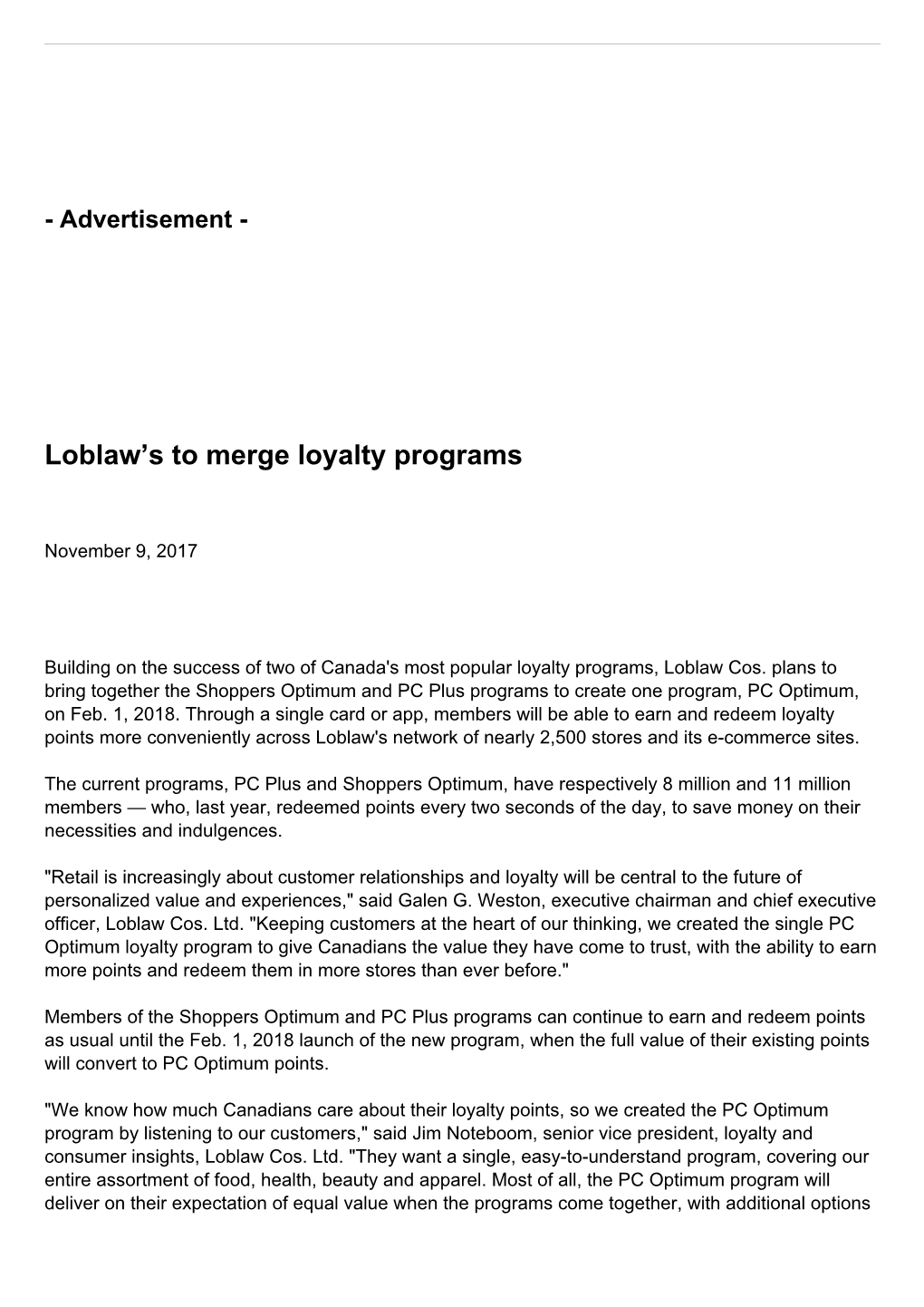 Loblaw's to Merge Loyalty Programs