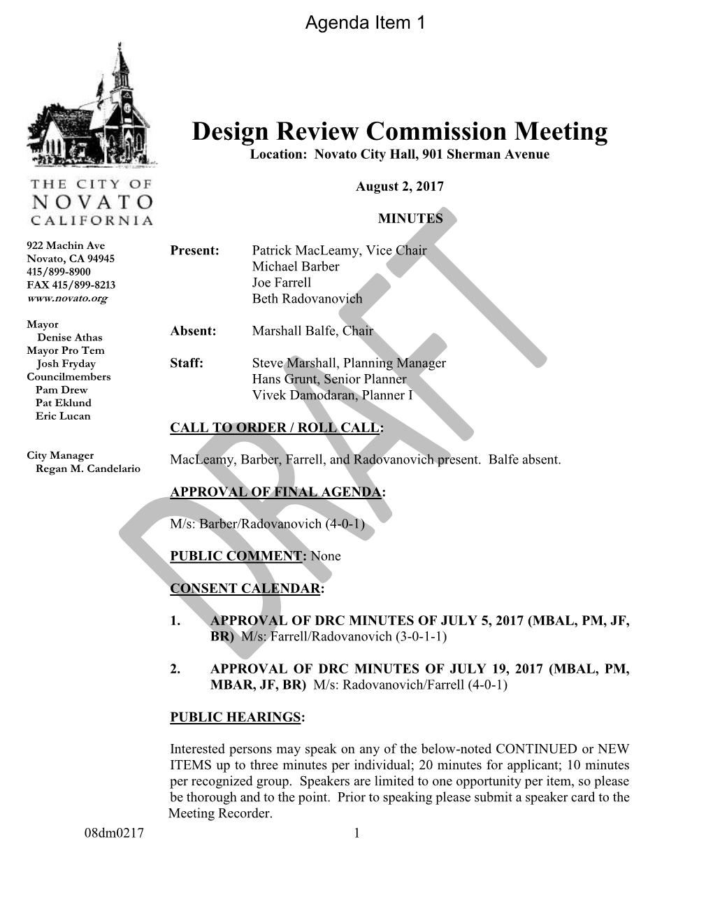 Design Review Commission Meeting Location: Novato City Hall, 901 Sherman Avenue