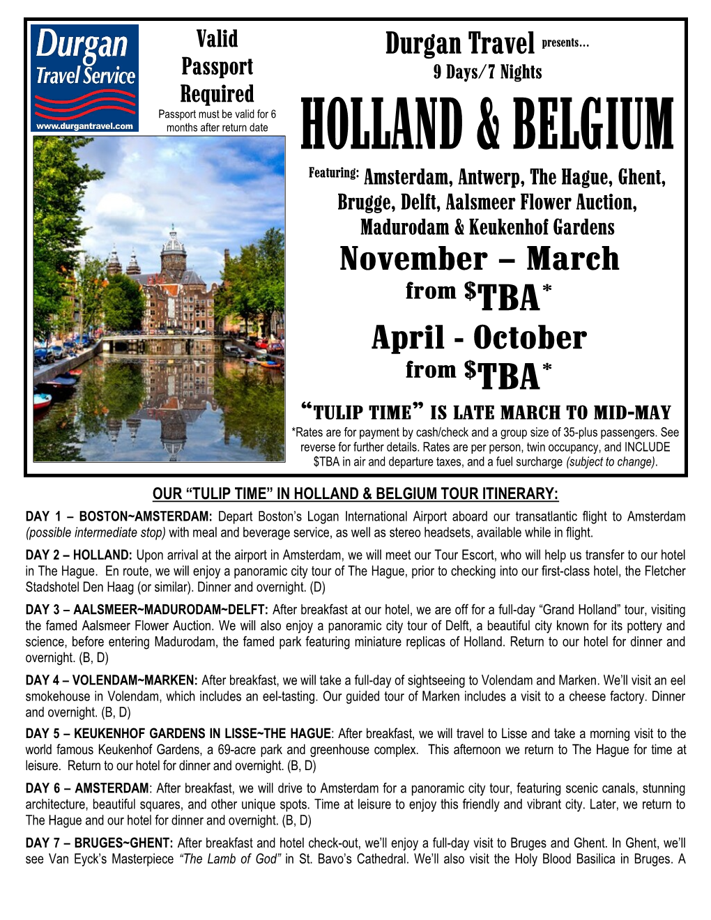 Our “Tulip Time” in Holland & Belgium Tour Itinerary
