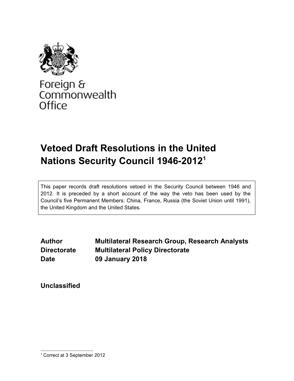 Vetoed Draft Resolutions in the United Nations Security Council 1946-2012 1