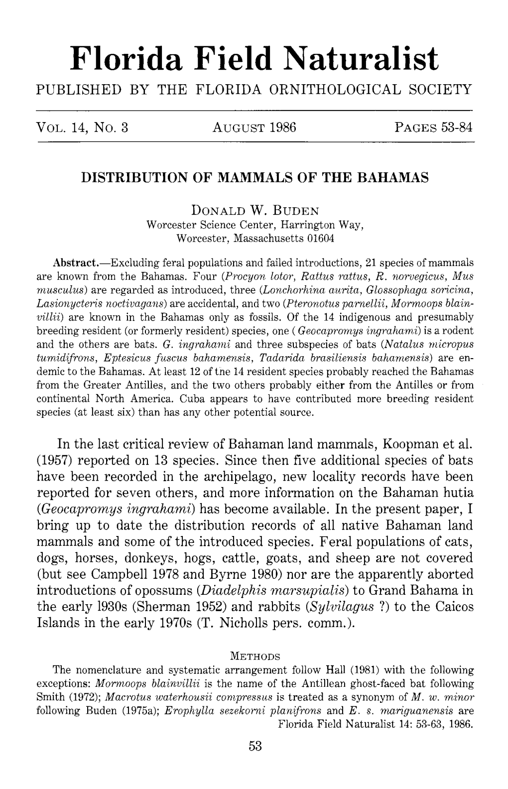 Florida Field Naturalist PUBLISHED by the FLORIDA ORNITHOLOGICAL SOCIETY