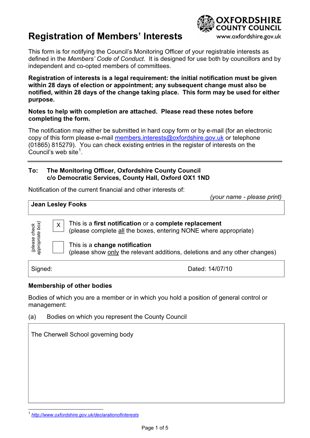 Registration of Members' Interests