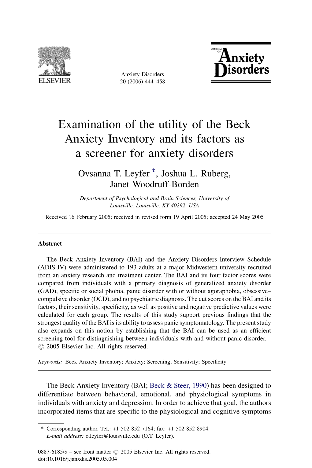 Examination of the Utility of the Beck Anxiety Inventory and Its Factors As a Screener for Anxiety Disorders