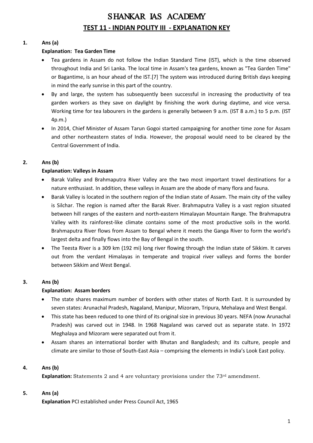 Shankar Ias Academy Test 11 - Indian Polity Iii - Explanation Key