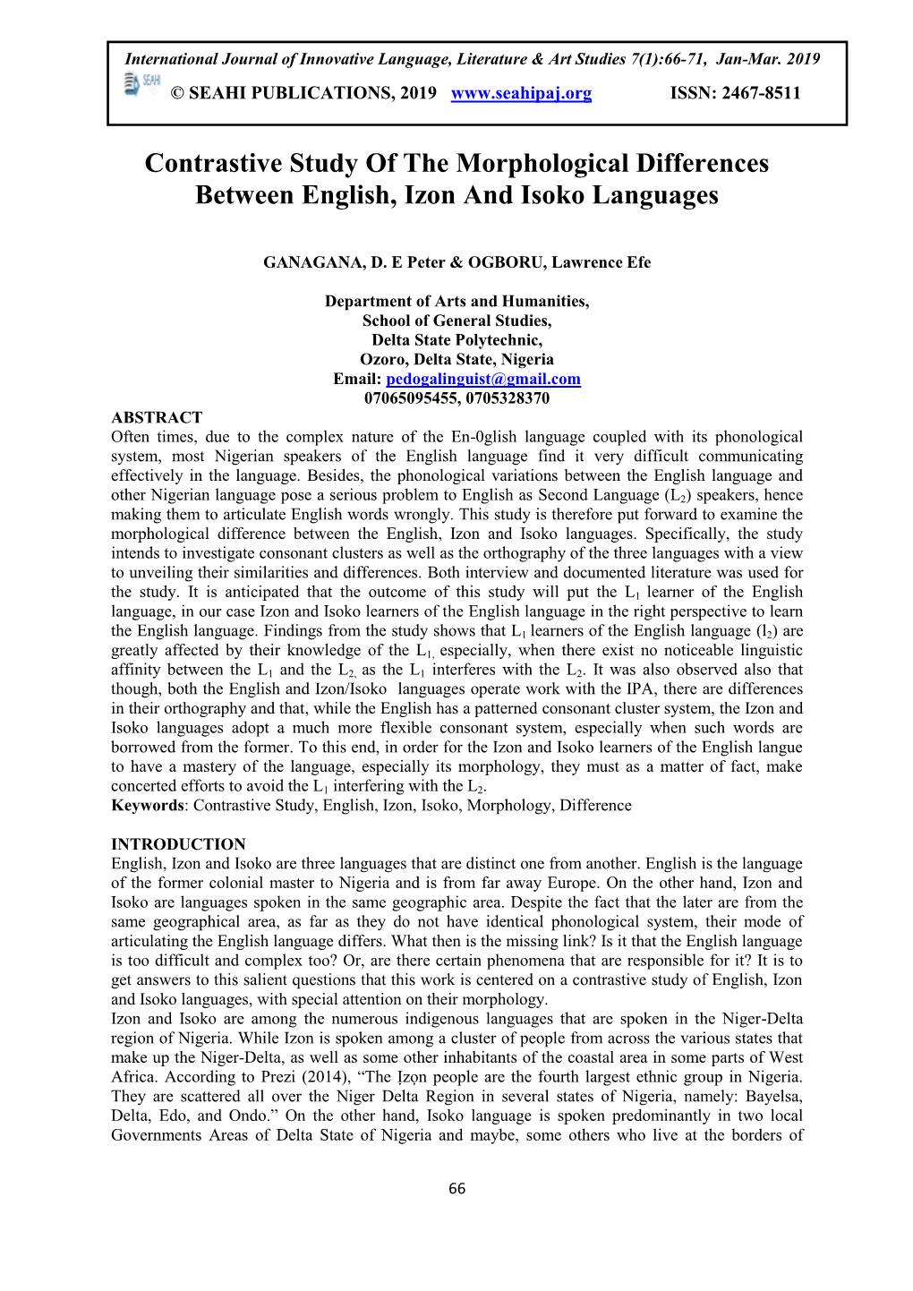 Contrastive Study of the Morphological Differences Between English, Izon and Isoko Languages