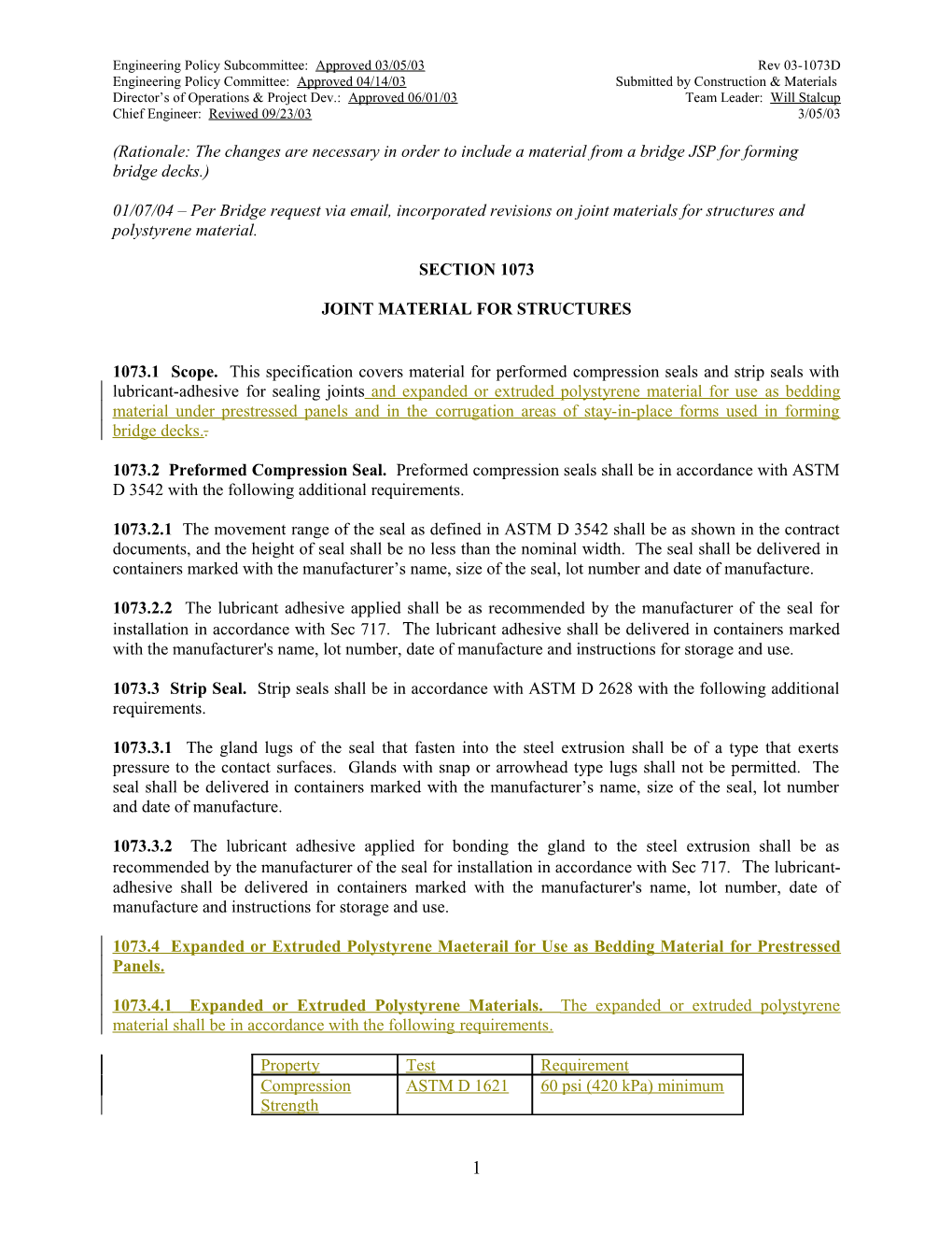 Engineering Policy Subcommittee: Approved 03/05/03 Rev 03-1073D