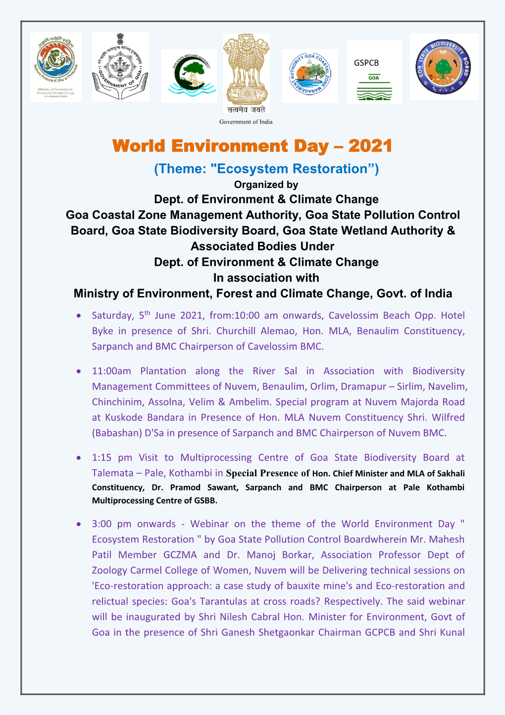 World Environment Day – 2021 (Theme: "Ecosystem Restoration”) Organized by Dept