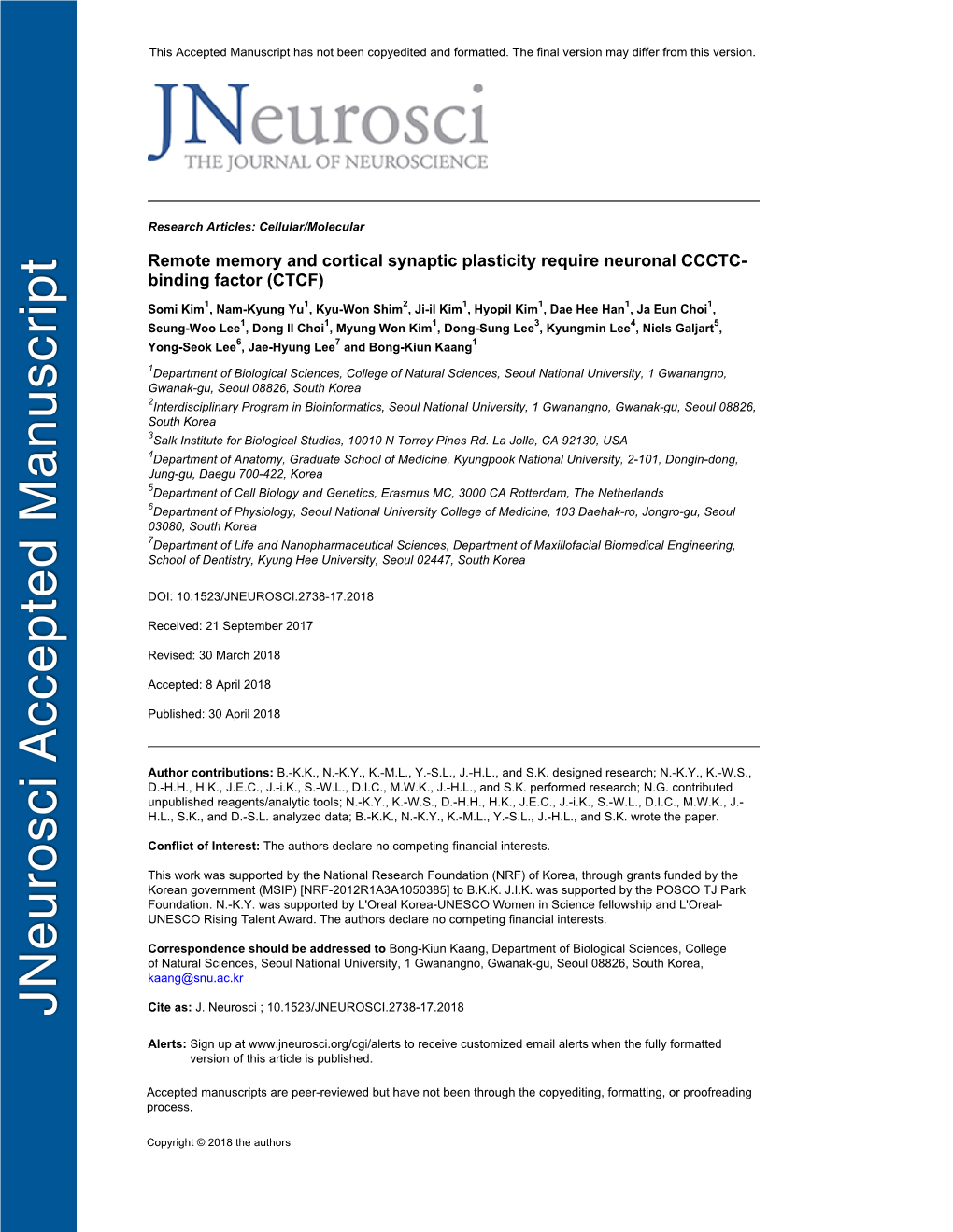 Remote Memory and Cortical Synaptic Plasticity Require Neuronal CCCTC- Binding Factor (CTCF)