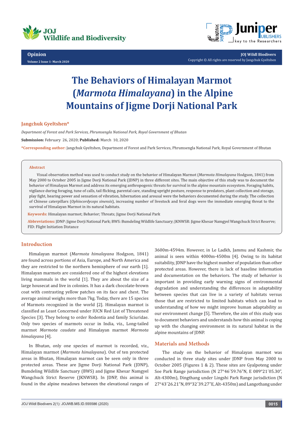 The Behaviors of Himalayan Marmot(Marmota Himalayana) in the Alpine Mountains of Jigme Dorji National Park