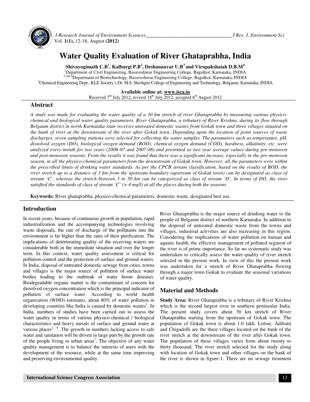 Water Quality Evaluation of River Ghataprabha, India