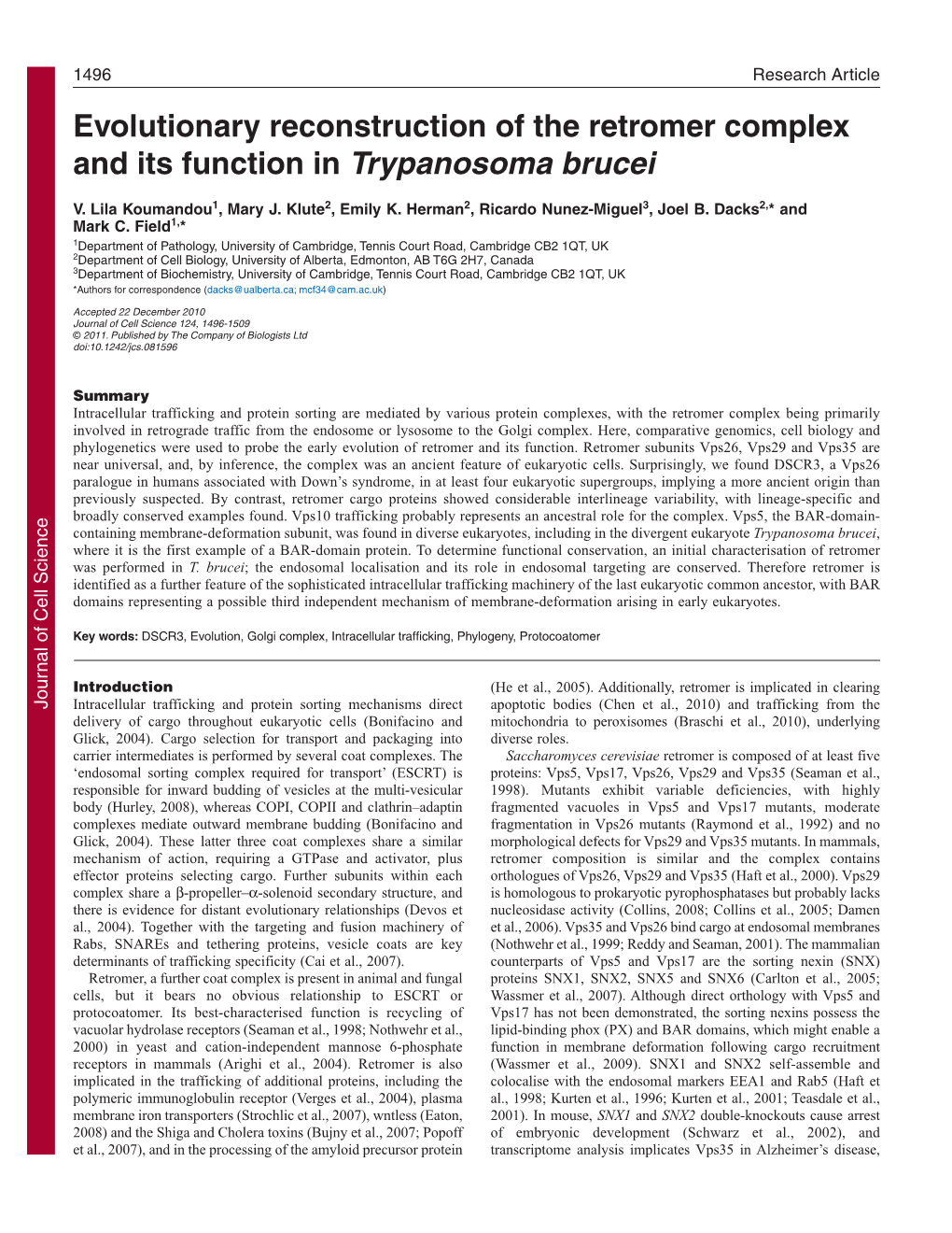 Evolutionary Reconstruction of the Retromer Complex and Its Function in Trypanosoma Brucei