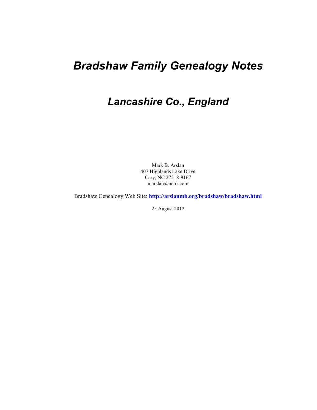 Bradshaw Family Genealogy Notes