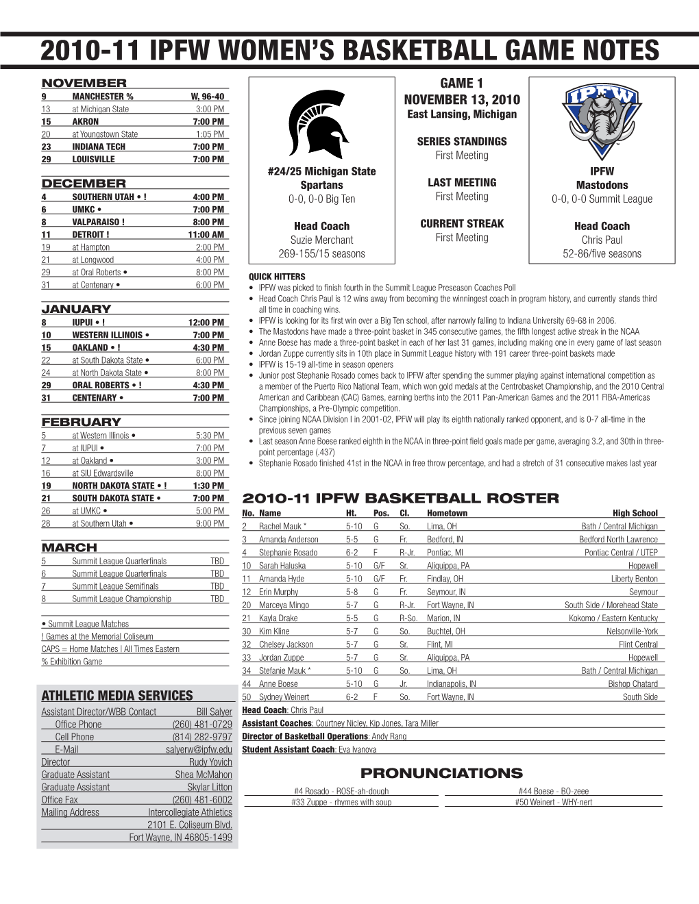 2010-11 Ipfw Women's Basketball Game Notes