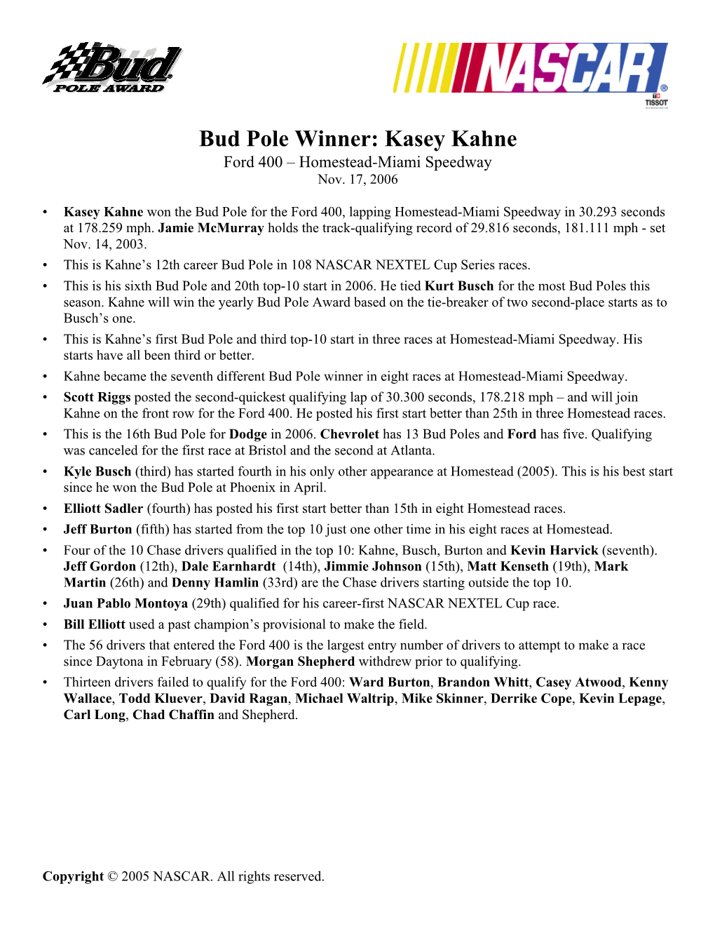 Bud Pole Winner: Kasey Kahne Ford 400 – Homestead-Miami Speedway Nov