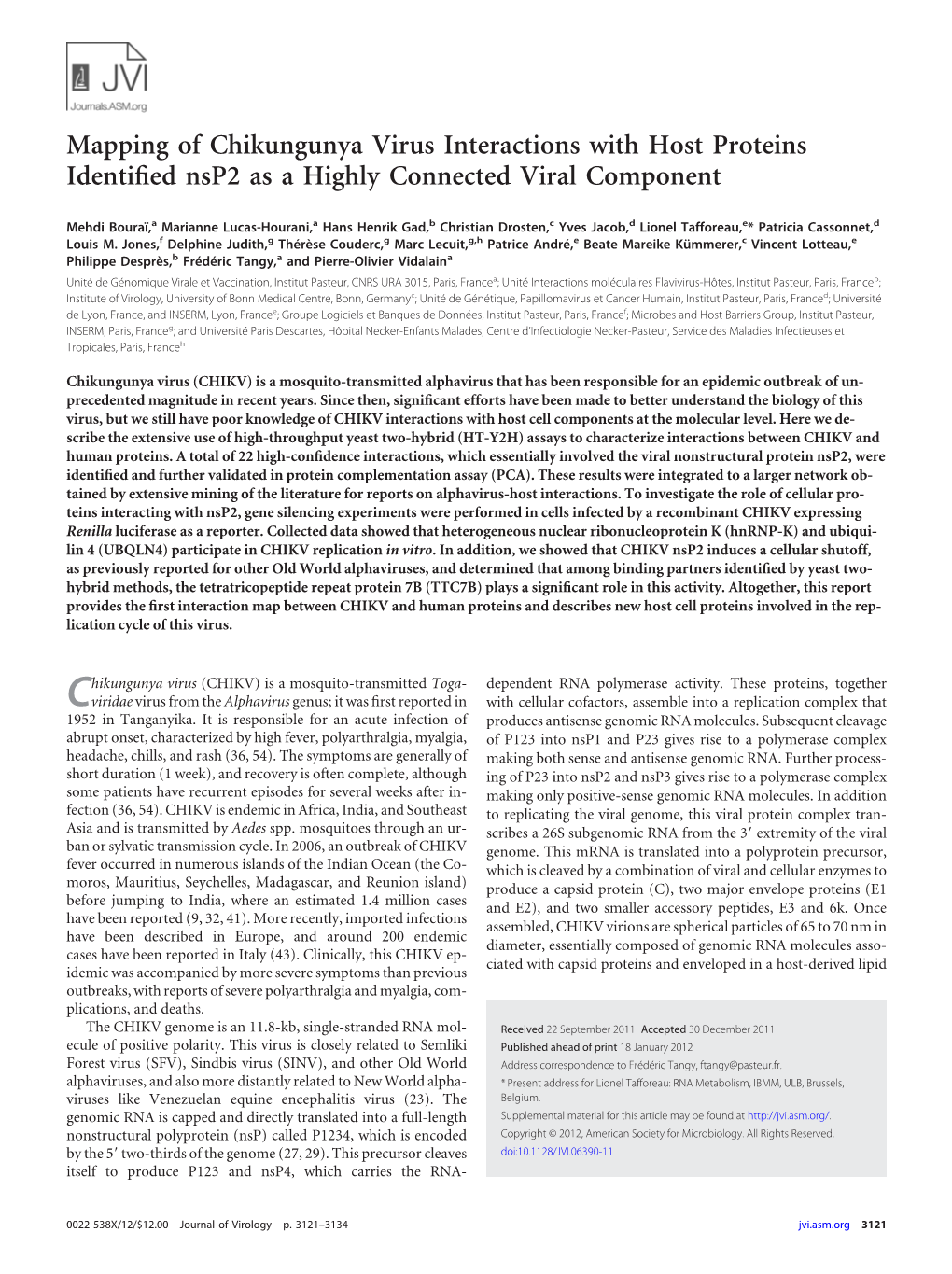 Mapping of Chikungunya Virus Interactions with Host Proteins Identiﬁed Nsp2 As a Highly Connected Viral Component