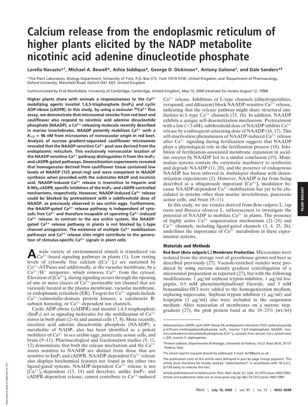 Calcium Release from the Endoplasmic Reticulum of Higher Plants Elicited by the NADP Metabolite Nicotinic Acid Adenine Dinucleotide Phosphate