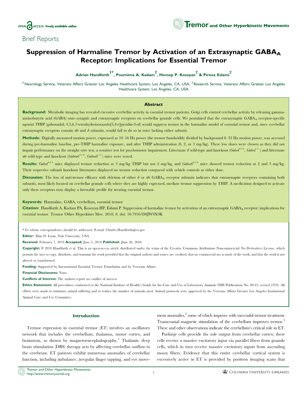 Suppression of Harmaline Tremor by Activation of an Extrasynaptic GABAA Receptor: Implications for Essential Tremor