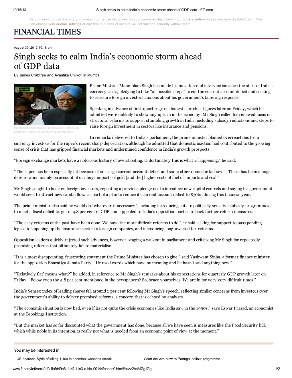 Singh Seeks to Calm India's Economic Storm Ahead