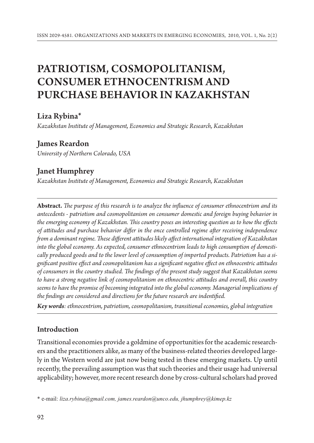 Patriotism, Cosmopolitanism, Consumer Ethnocentrism and Purchase Behavior in Kzakhstan