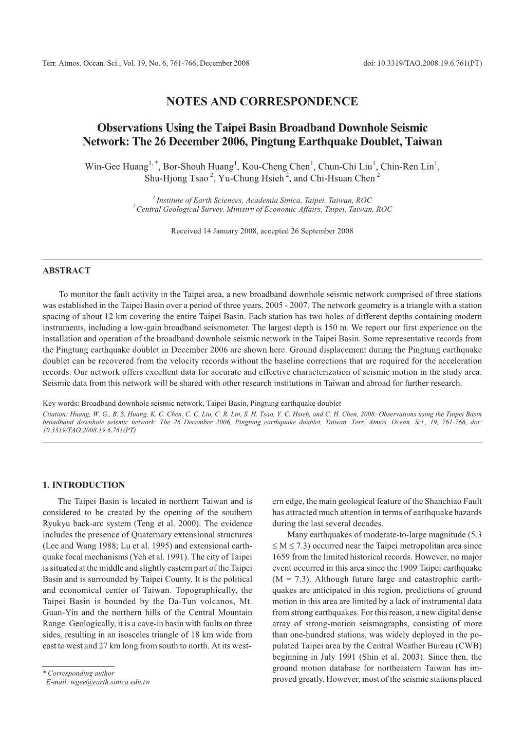 NOTES and CORRESPONDENCE Observations Using the Taipei Basin Broadband Downhole Seismic Network: the 26 December 2006, Pingtung