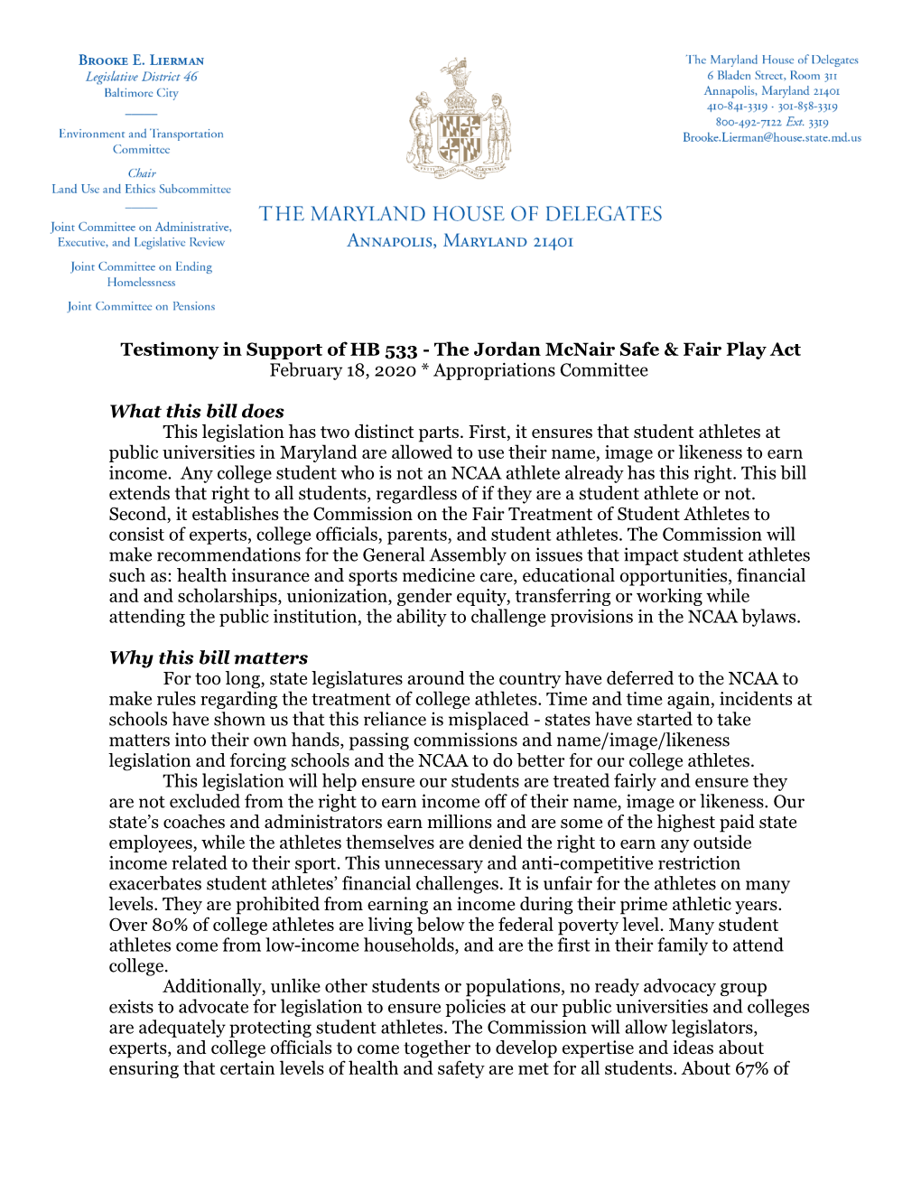 Testimony in Support of HB 533 - the Jordan Mcnair Safe & Fair Play Act February 18, 2020 * Appropriations Committee