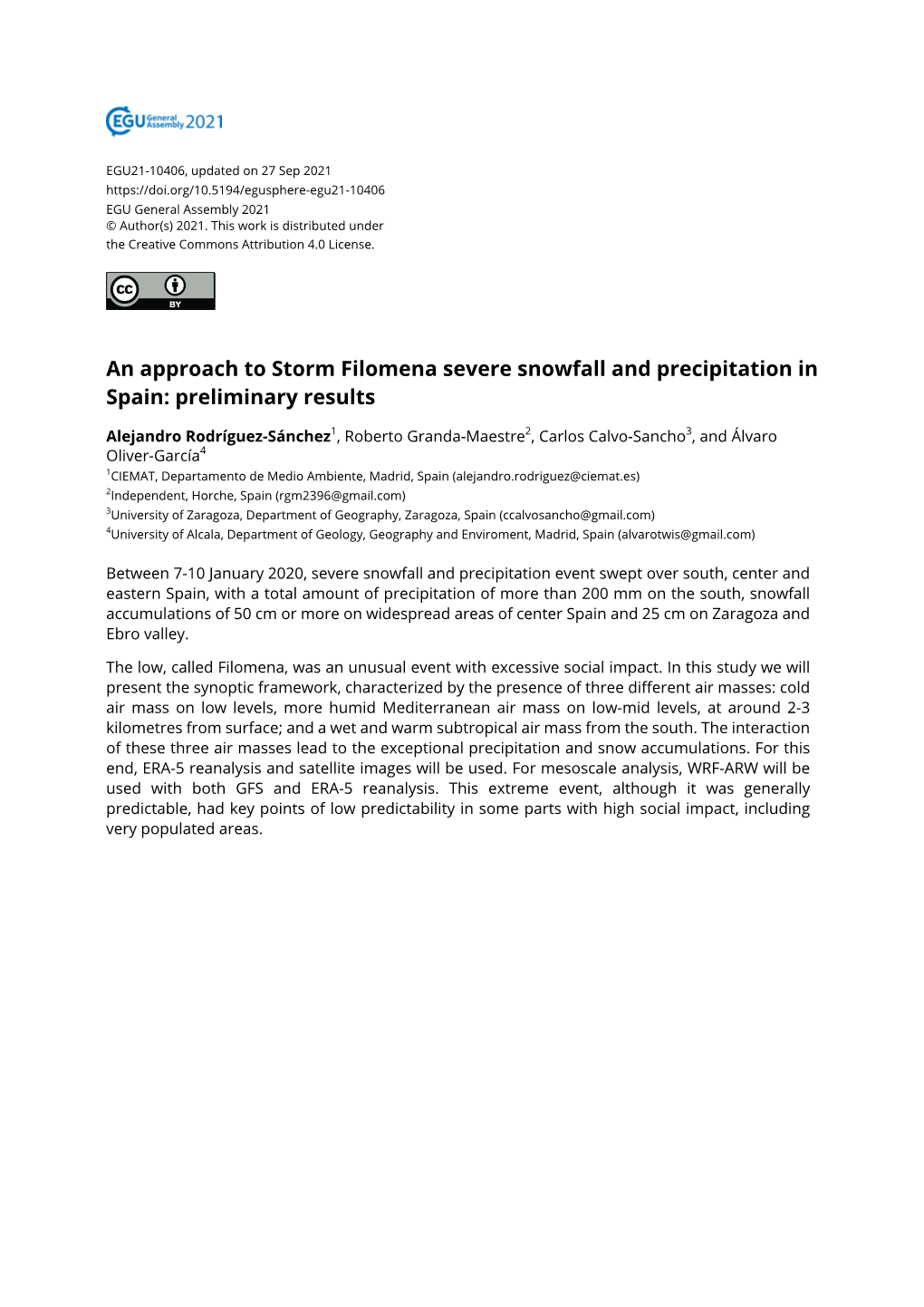 An Approach to Storm Filomena Severe Snowfall and Precipitation in Spain: Preliminary Results