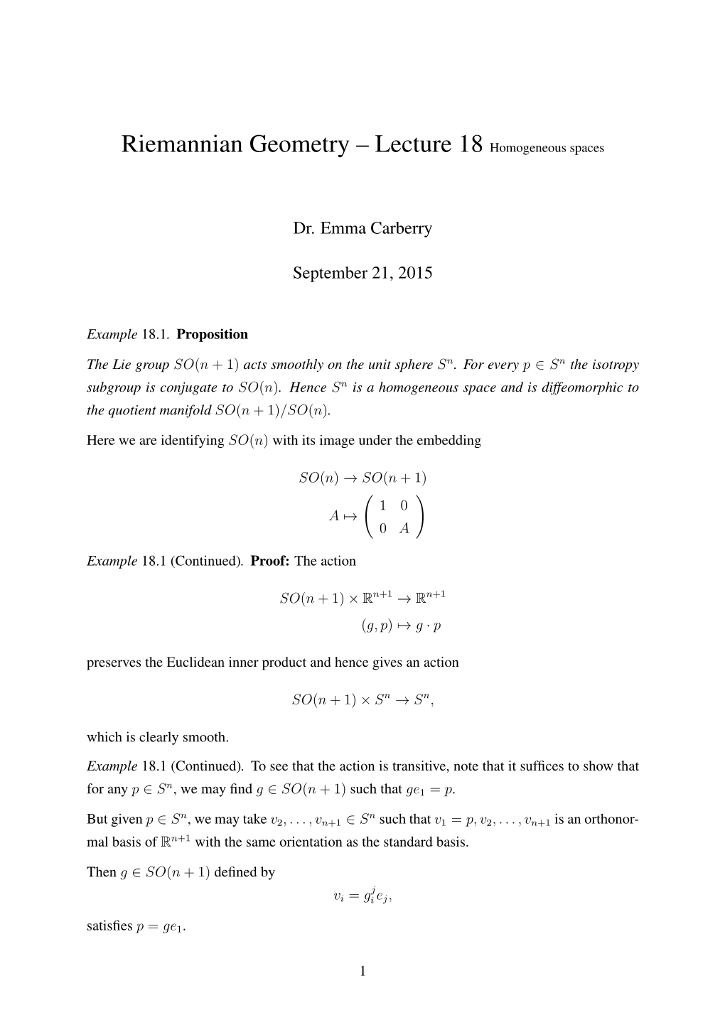 Riemannian Geometry – Lecture 18 Homogeneous Spaces