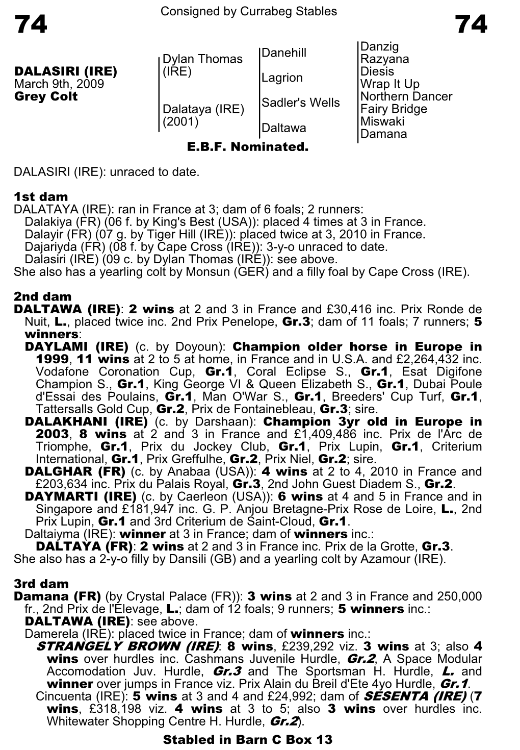 Consigned by Currabeg Stables Danehill Danzig Razyana