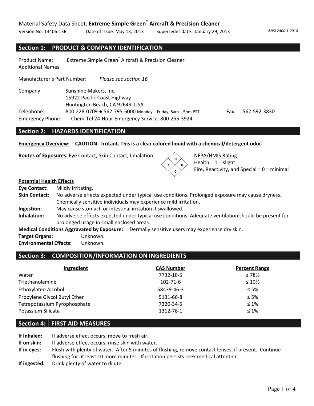 Simple Green Products MSDS