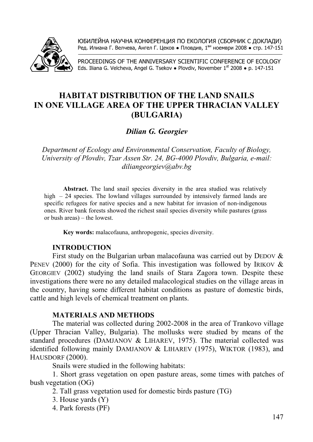 Habitat Distribution of the Land Snails in One Village Area of the Upper Thracian Valley (Bulgaria)