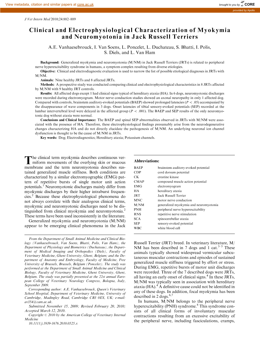 Clinical and Electrophysiological Characterization of Myokymia and Neuromyotonia in Jack Russell Terriers