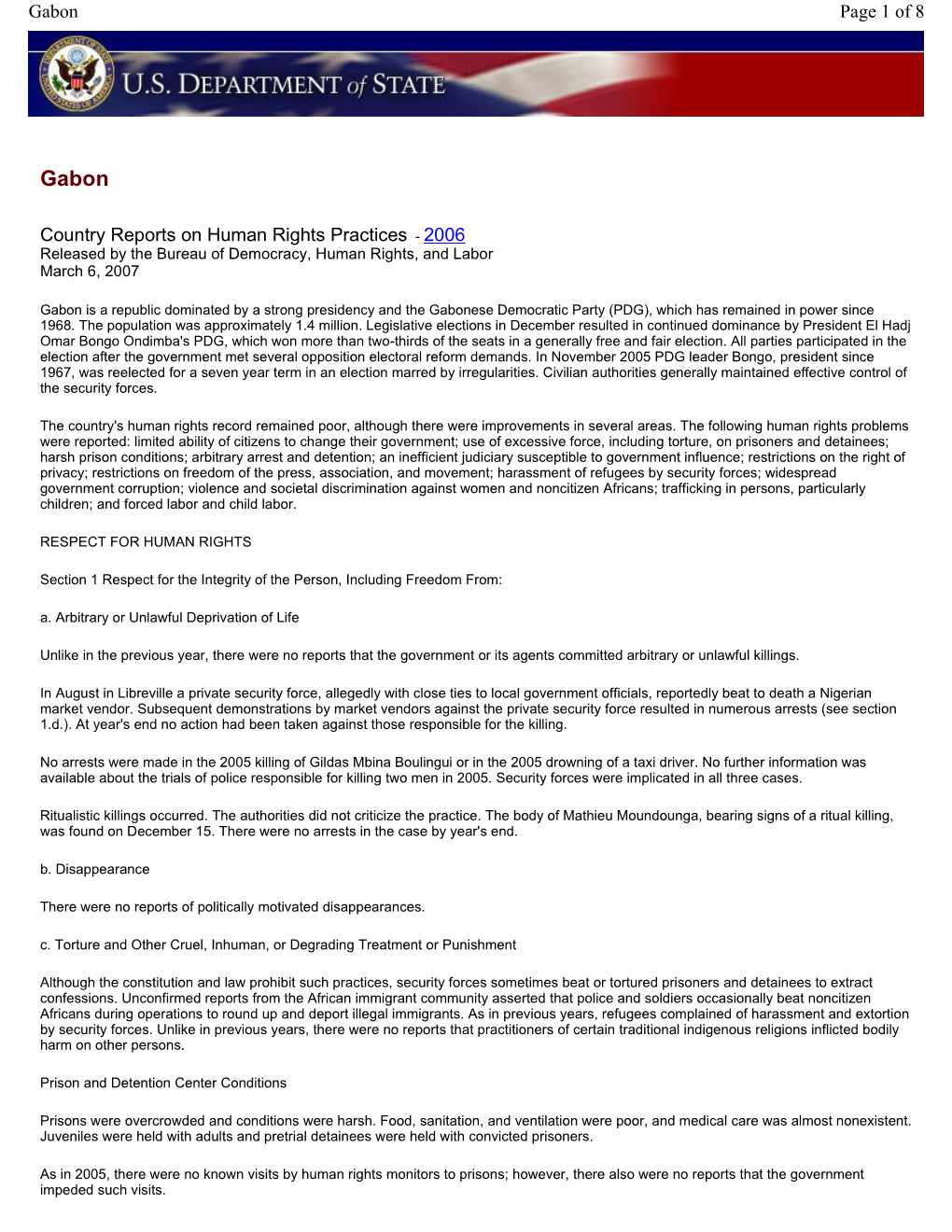 Country Reports on Human Rights Practices - 2006 Released by the Bureau of Democracy, Human Rights, and Labor March 6, 2007